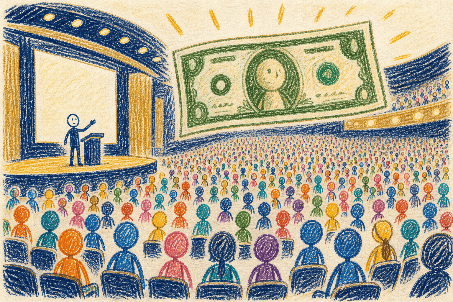 Hand-drawn crayon illustration for: Company all-hands cost: pricing the whole-room meeting