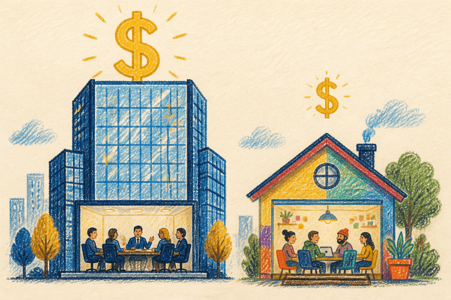 Hand-drawn crayon illustration for: Meeting cost by company: how FAANG vs startup bands change the bill