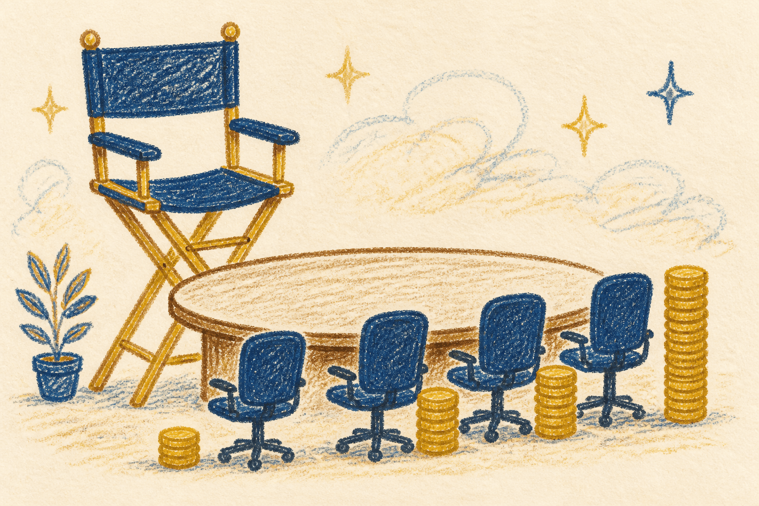 Hand-drawn crayon illustration for: Meeting cost by level: IC, senior, and director multipliers