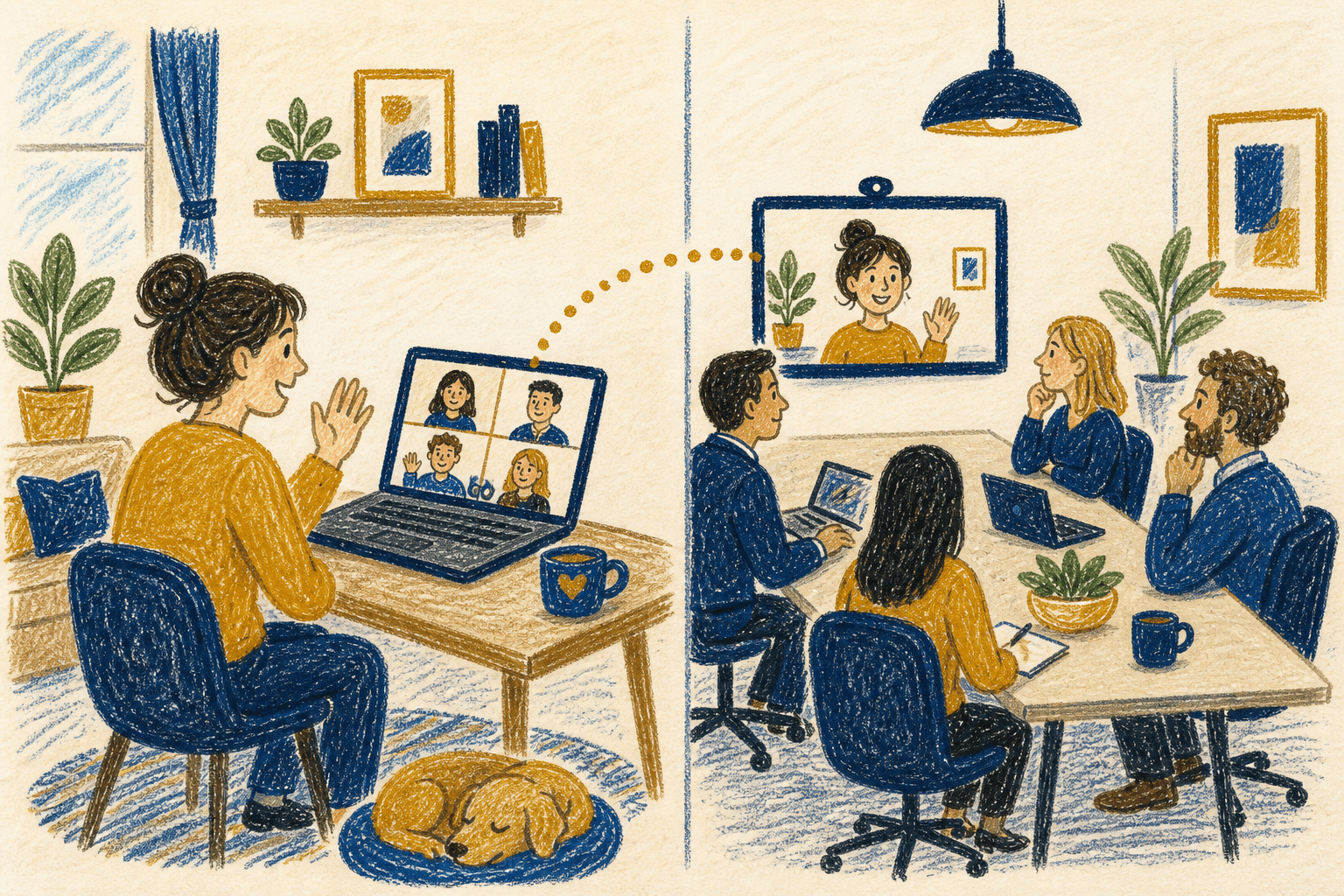 Hand-drawn crayon illustration for: Remote vs in-office meetings: where the dollars land